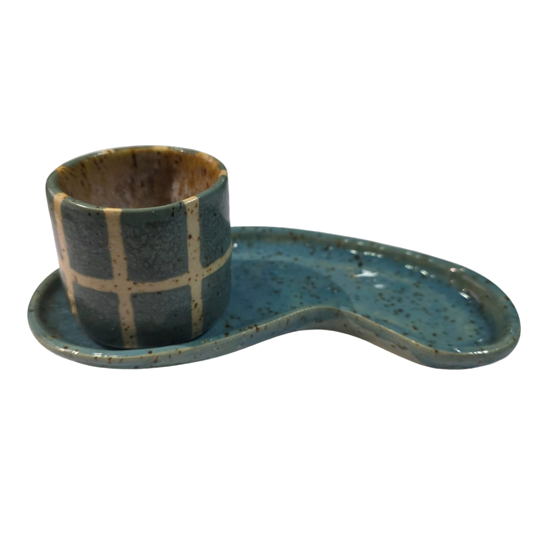 CJ COPO COM BANDEJA CERÂMICA ARTESANAL AZUL SUÉCIA - 100ML