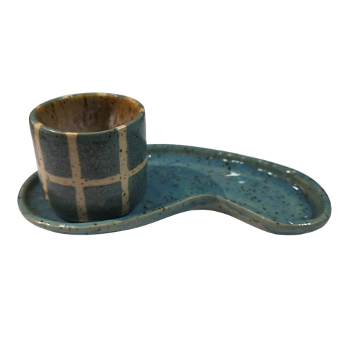 CJ COPO COM BANDEJA CERÂMICA ARTESANAL AZUL SUÉCIA - 100ML